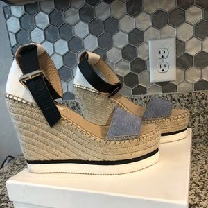 See by CHLOE Denim and Leather Wedge Sandal